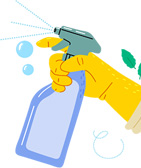 Hand wearing a yellow rubber glove holding a glass cleaner