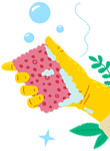 Hand wearing a yellow rubber glove holding a kitchen sponge