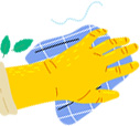 Hand wearing a yellow rubber glove wiping the dust with a rag